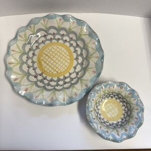 Vintage MacKenzie Childs King Ferry Pattern Ruffled Edge 11” Plate & 6” Bowl Set